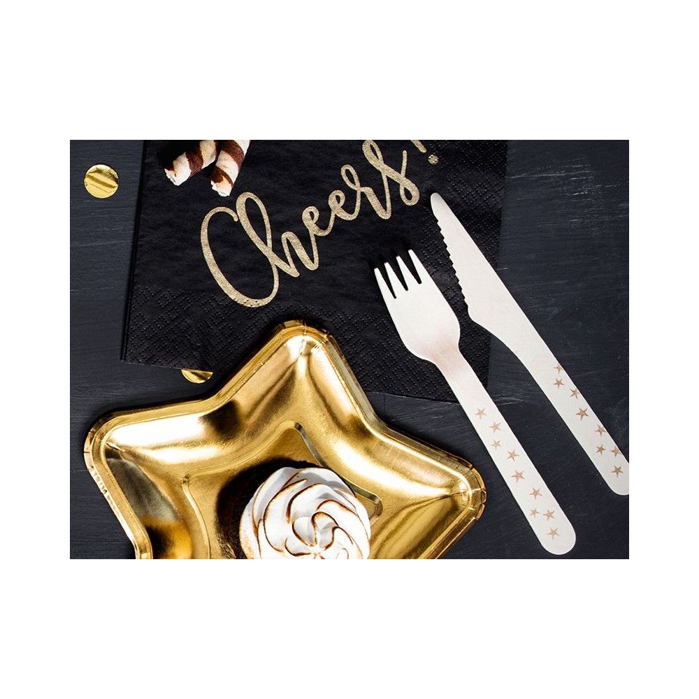 Wooden cutlery, disposable - PartyDeco - golden stars, 18 pcs.