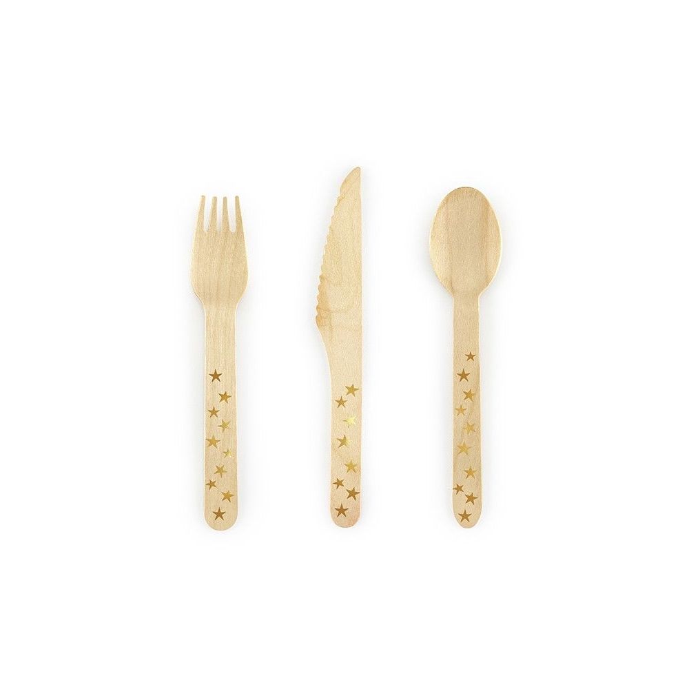 Wooden cutlery, disposable - PartyDeco - golden stars, 18 pcs.