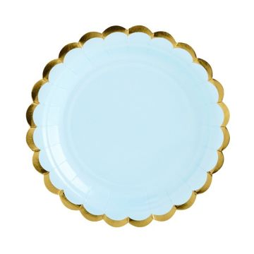 Talerzyki papierowe - PartyDeco - błękitne, złota obwódka, 18 cm, 6 szt.
