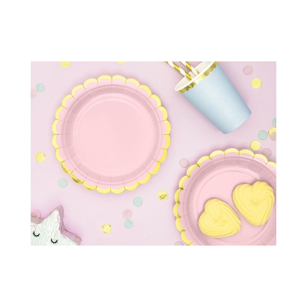 Paper plates - PartyDeco - pink, gold rim, 18 cm, 6 pcs.