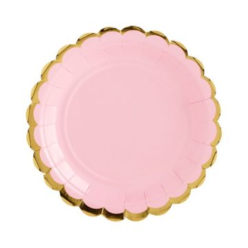 Paper plates - PartyDeco - pink, gold rim, 18 cm, 6 pcs.