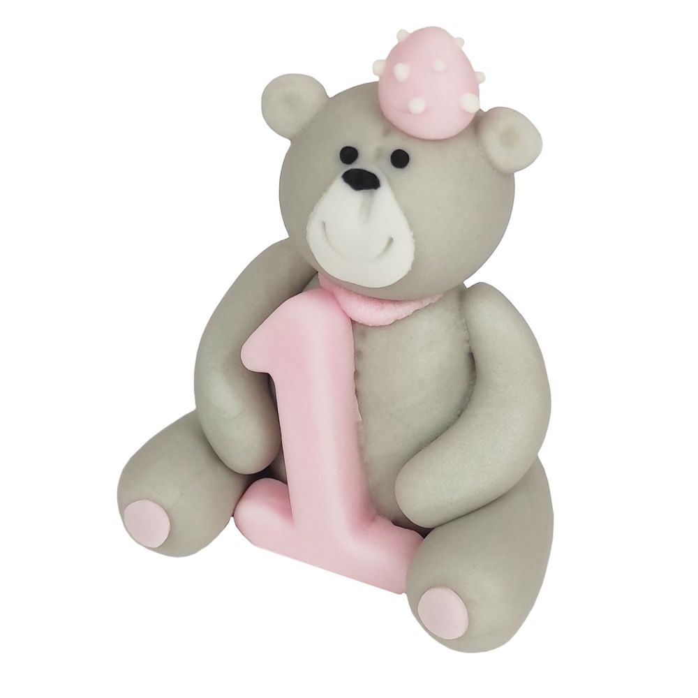 Sugar figure for cake - Dekor Pol - Teddy bear with "1", pink number, 6 cm