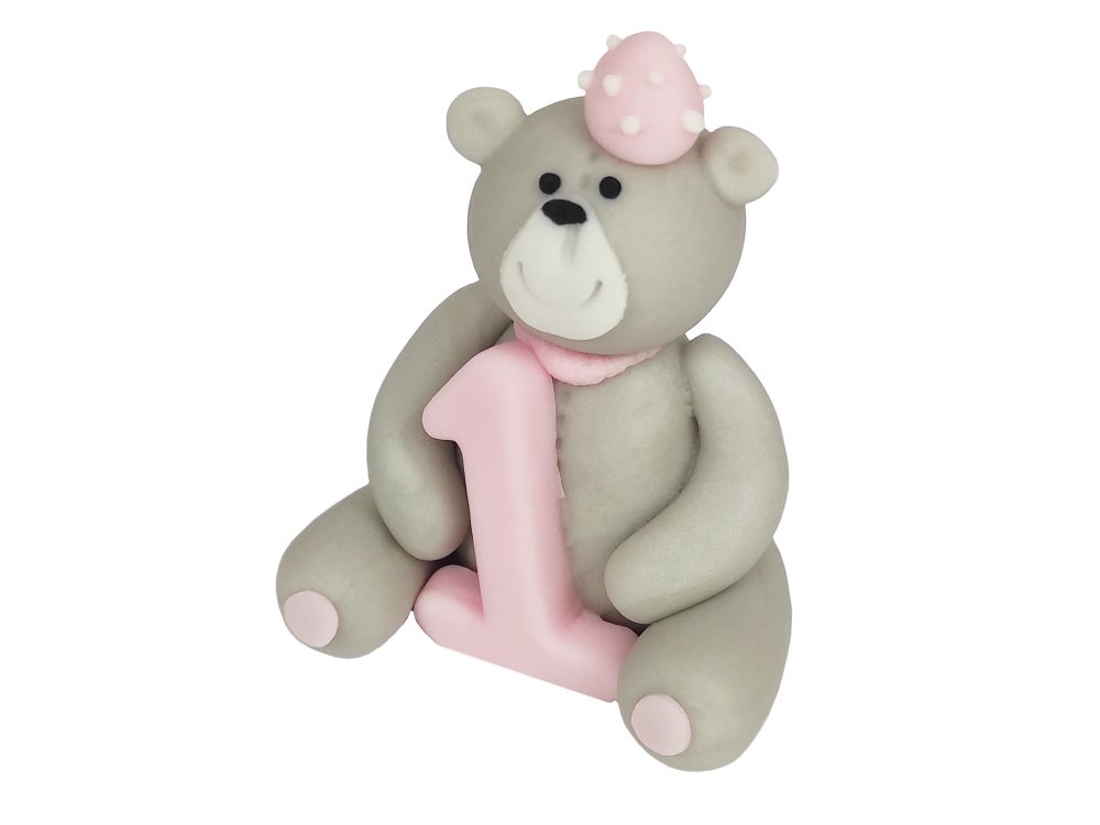 Figurka cukrowa na tort - Dekor Pol - Miś z "1", różowa cyferka, 6 cm