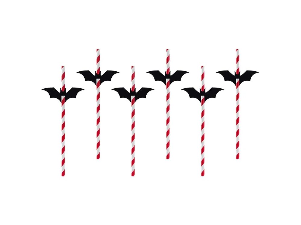 Słomki papierowe na Halloween - PartyDeco - Nietoperze, 19,5 cm, 6 szt.