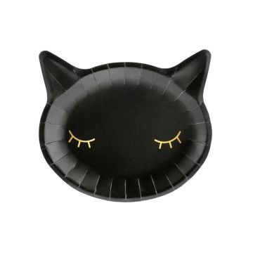 Talerzyki papierowe na Halloween - PartyDeco - Kotek, czarne, 22 x 20 cm, 6 szt.