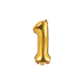 Foil balloon, metallic - PartyDeco - gold, number 1, 35 cm