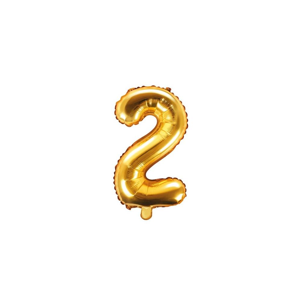 Foil balloon, metallic - PartyDeco - gold, number 2, 35 cm