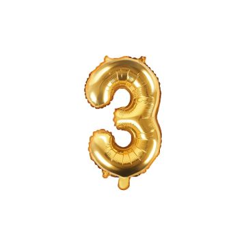 Foil balloon, metallic - PartyDeco - gold, number 3, 35 cm