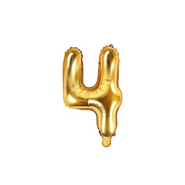 Foil balloon, metallic - PartyDeco - gold, number 4, 35 cm