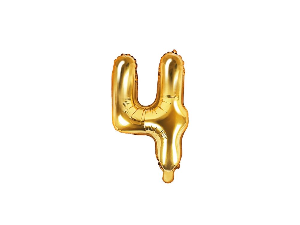 Balon foliowy, metalizowany - PartyDeco - złoty, cyfra 4, 35 cm