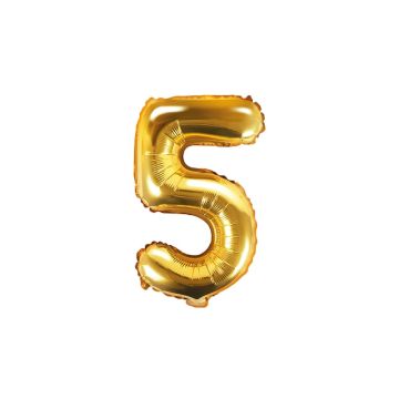 Foil balloon, metallic - PartyDeco - gold, number 5, 35 cm