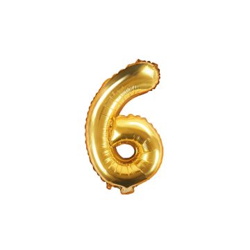 Foil balloon, metallic - PartyDeco - gold, number 6, 35 cm