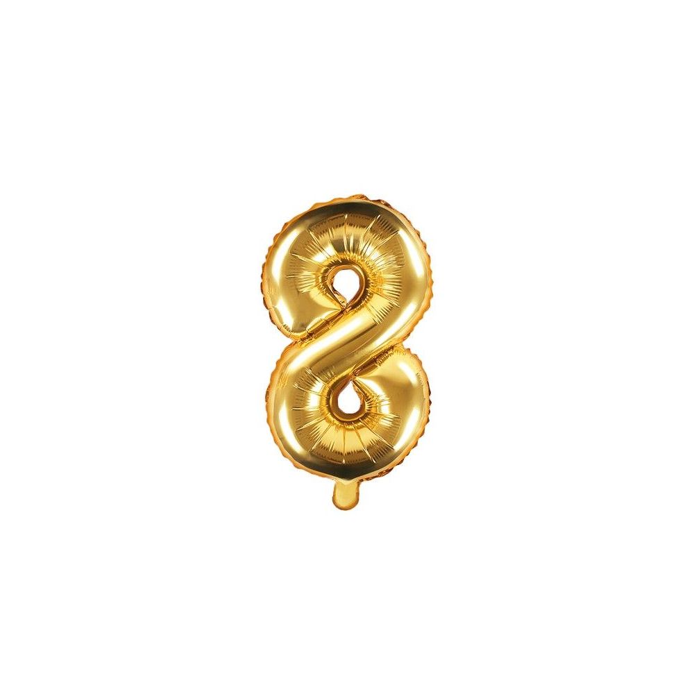 Foil balloon, metallic - PartyDeco - gold, number 8, 35 cm