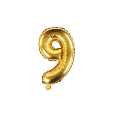 Foil balloon, metallic - PartyDeco - gold, number 9, 35 cm