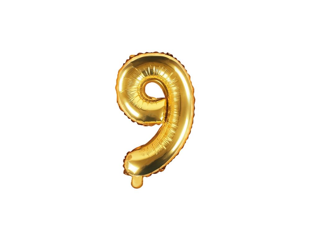 Balon foliowy cyfra 9 - PartyDeco - złoty, 35 cm