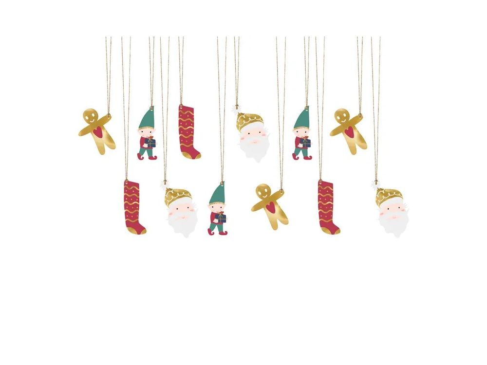 Zawieszki świąteczne do prezentów - PartyDeco - Mikołaj, mix 1, 12 szt.