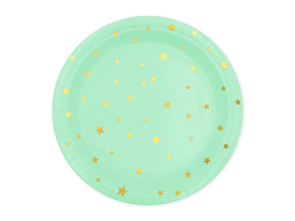 Paper plates - mint, gold stars, 23 cm, 6 pcs.