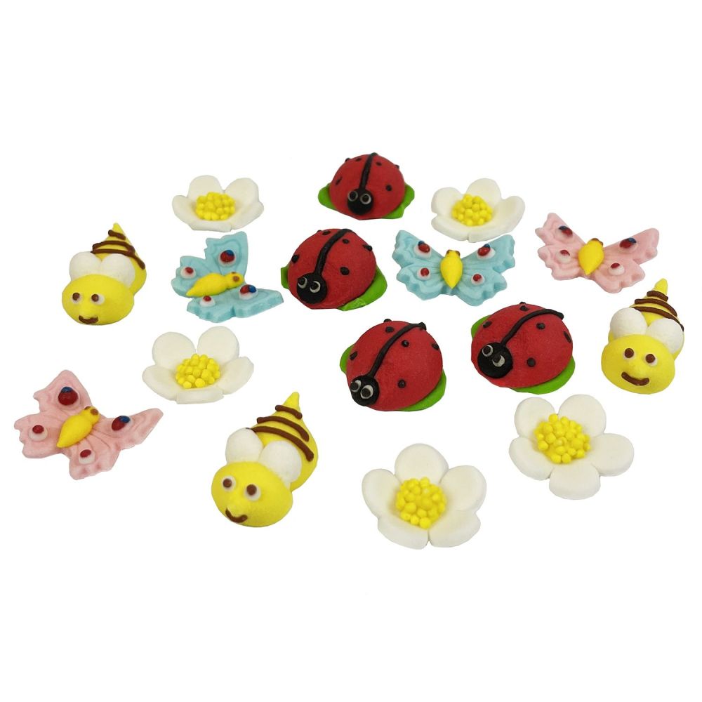 Sugar decorations for cake - Slado - Flowers and Insects, colorful mix, 16 pcs.