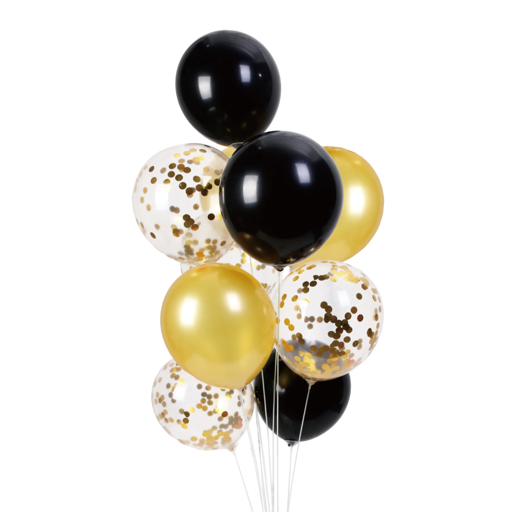 Balony lateksowe z konfetti - złoto-czarne, 30 cm, 10 szt.