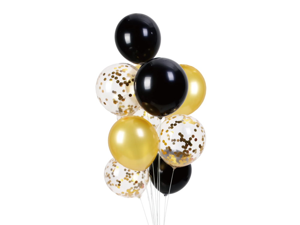 Balony lateksowe z konfetti - złoto-czarne, 30 cm, 10 szt.