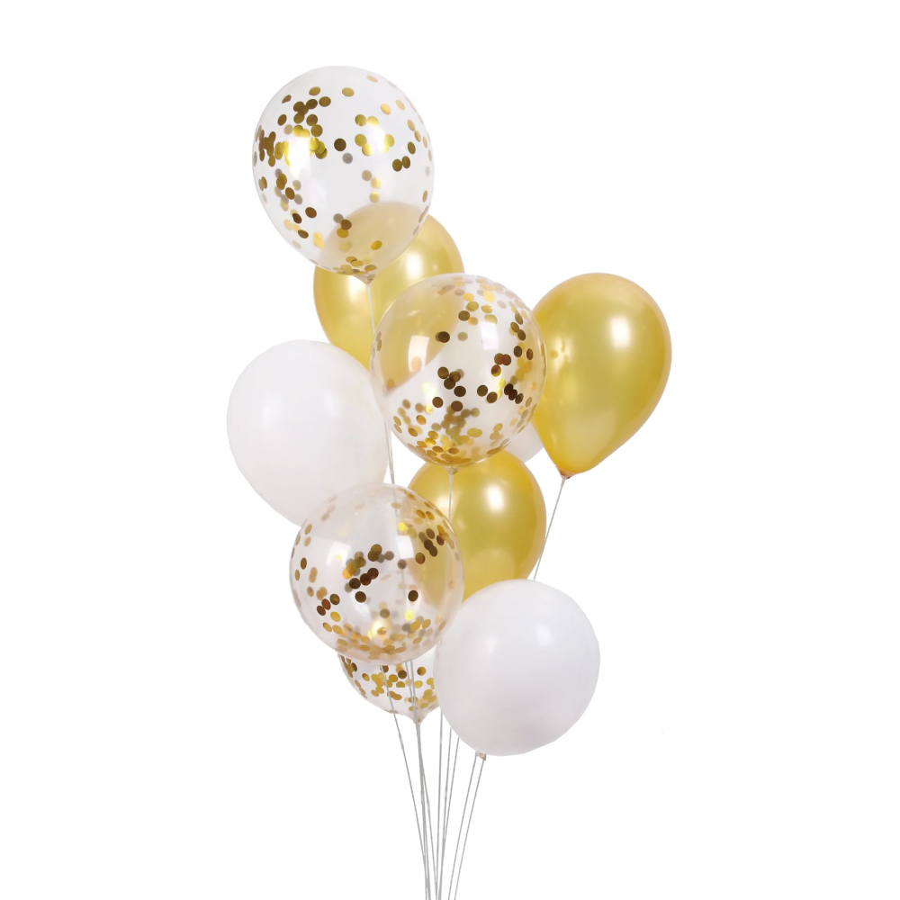 Balony lateksowe z konfetti - biało-złote, 30 cm, 10 szt.