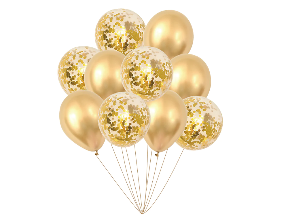 Balony lateksowe z konfetti - złote, 30 cm, 10 szt.