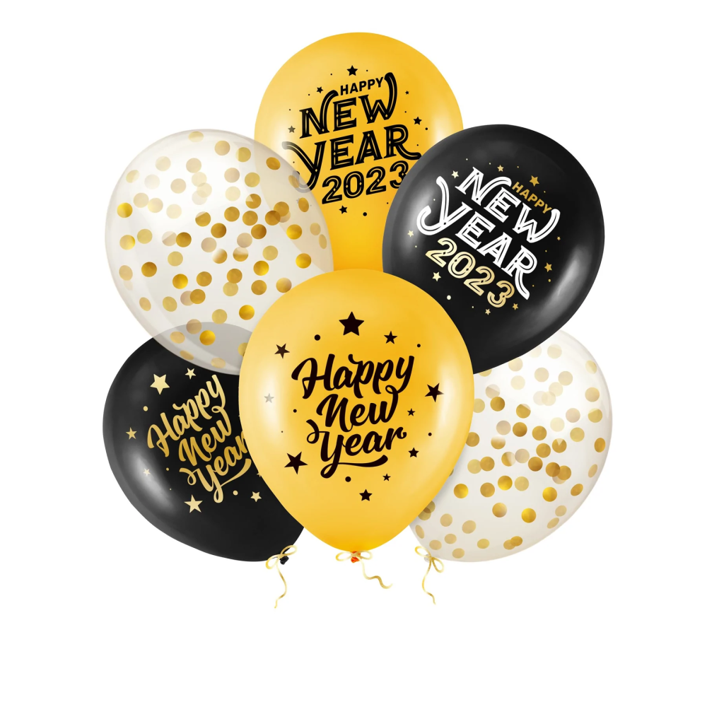 Latex balloons with confetti - Happy New Year, mix, 30 cm, 6 pcs.