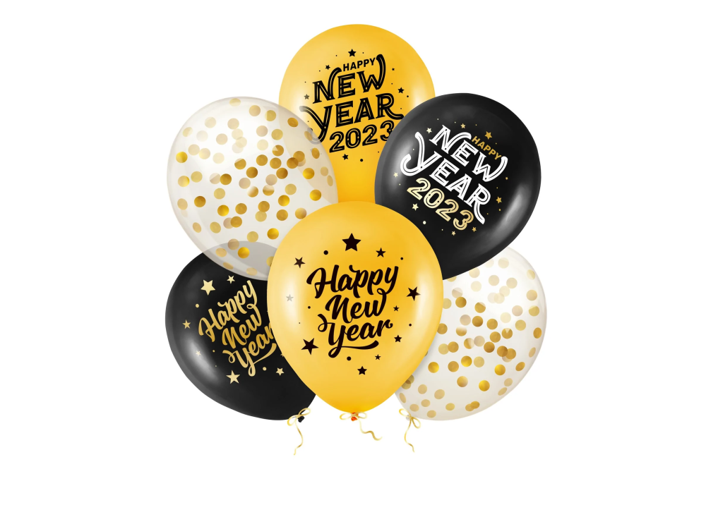 Latex balloons with confetti - Happy New Year, mix, 30 cm, 6 pcs.