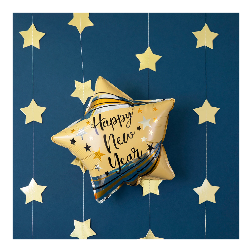 Balon foliowy - Happy New Year, złota gwiazda, 45 cm