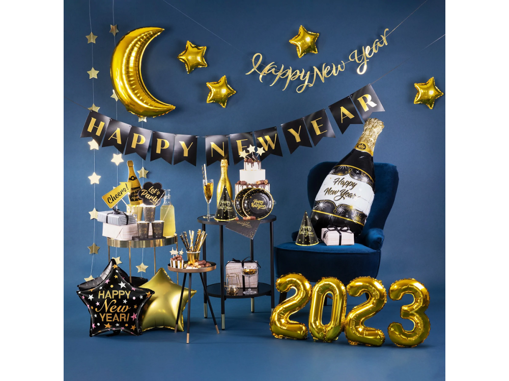 Balon Foliowy Happy New Year Czarna Gwiazda 45 Cm