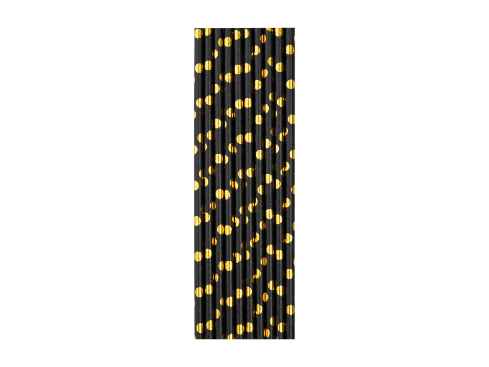 Słomki papierowe - czarne, złote kropki, 19,5 cm, 10 szt.