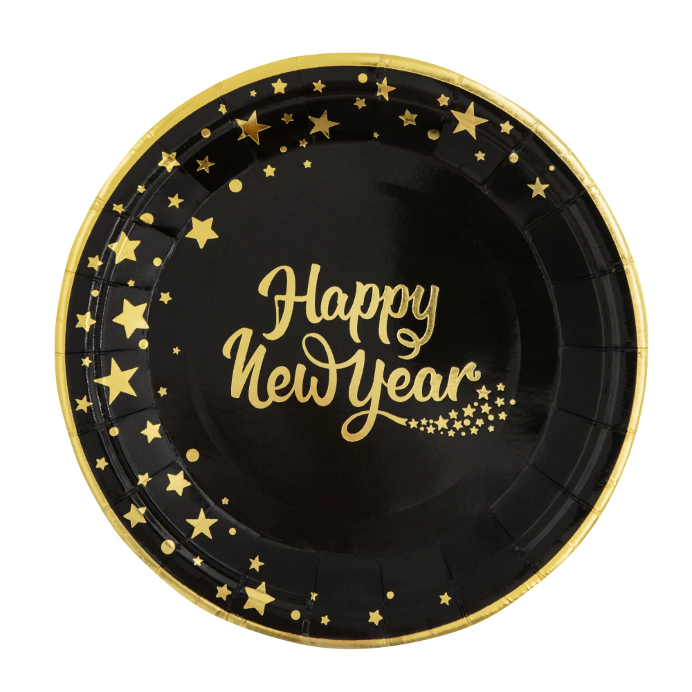 Paper plates - Happy New Year, black, 23 cm, 6 pcs.