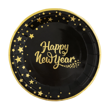 Paper plates - Happy New Year, black, 18 cm, 6 pcs.