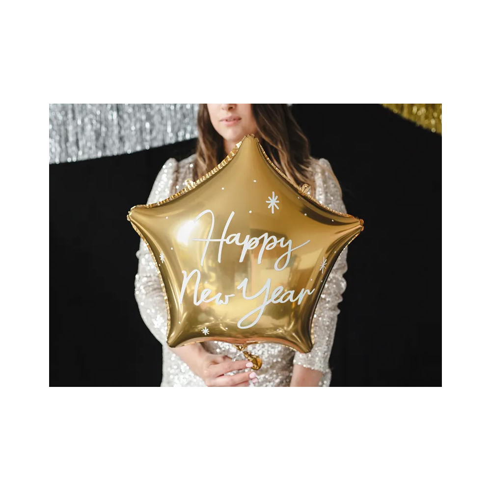 Balon foliowy Happy New Year - PartyDeco - gwiazdka, złoty, 47 cm