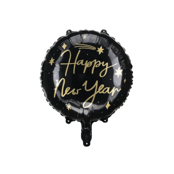 Foil balloon, Happy New Year - PartyDeco - round, black, 45 cm