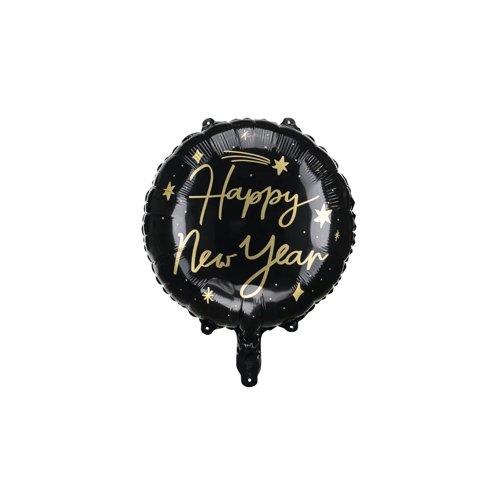 Balon foliowy Happy New Year - PartyDeco - okrągły, czarny, 45 cm
