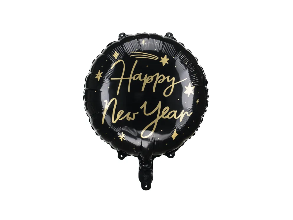 Balon foliowy Happy New Year - PartyDeco - okrągły, czarny, 45 cm