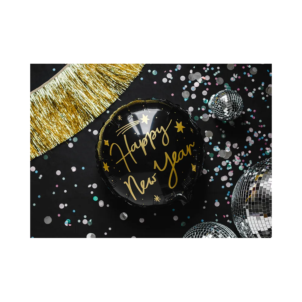 Foil balloon, Happy New Year - PartyDeco - round, black, 45 cm
