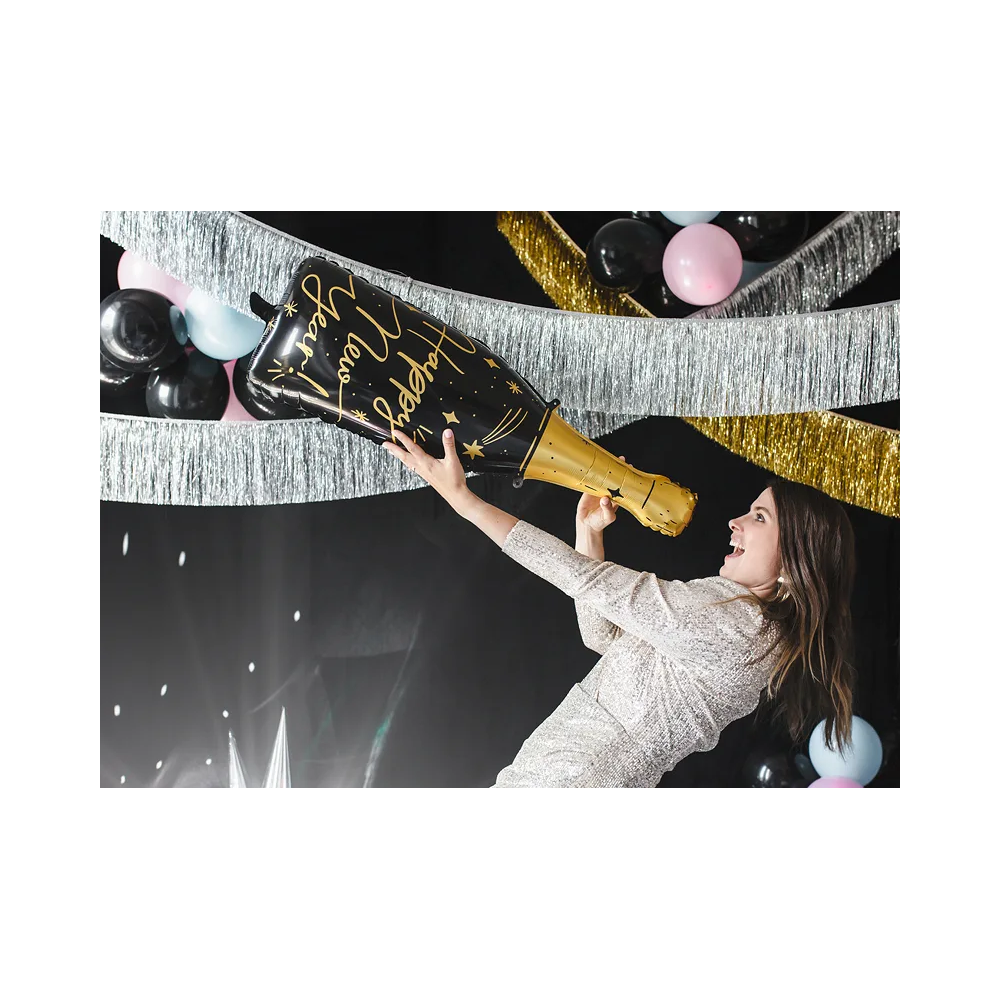Balon foliowy Happy New Year - PartyDeco - butelka, czarny, 27 x 88 cm