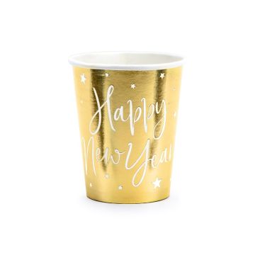 Kubeczki papierowe - PartyDeco - Happy New Year, złote, 220 ml, 6 szt.