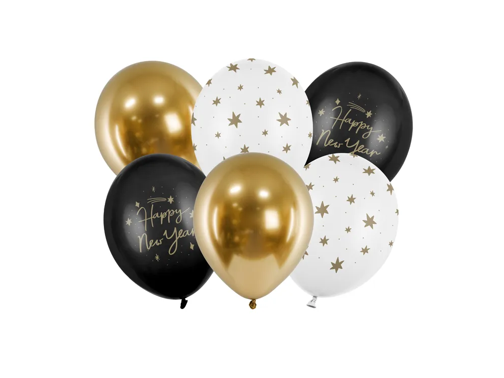 Balony lateksowe - PartyDeco - Happy New Year, 30 cm, mix, 6 szt.