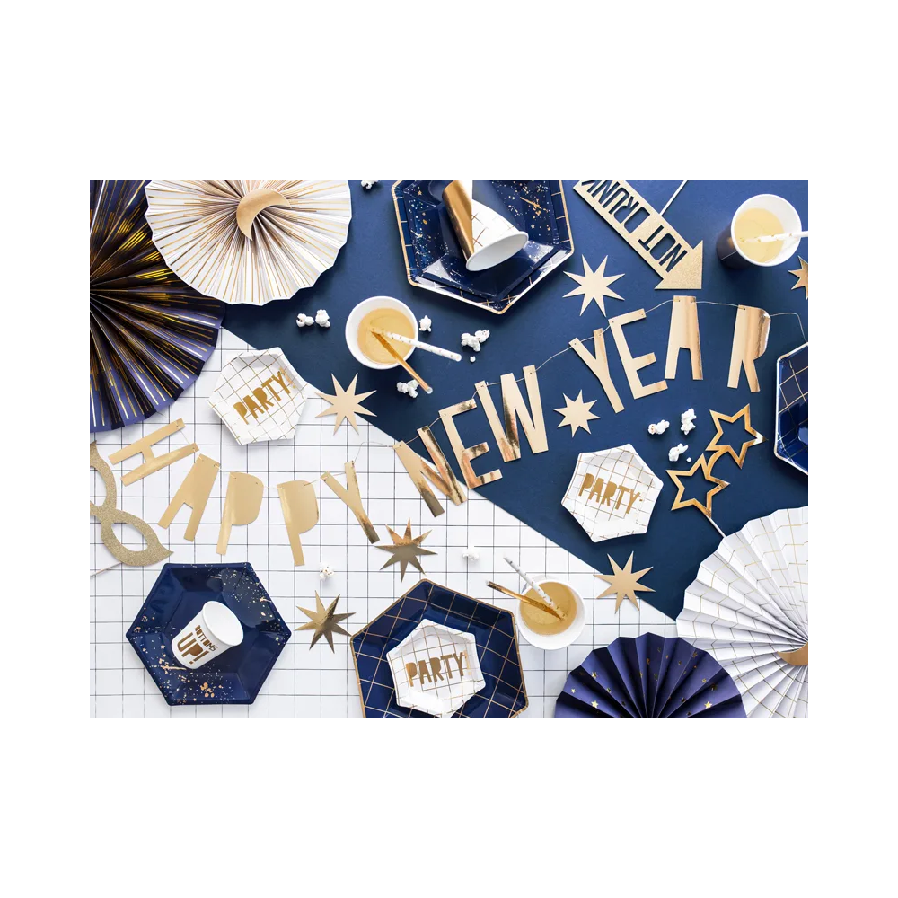 Baner Happy New Year - PartyDeco - złoty, 10 x 90 cm