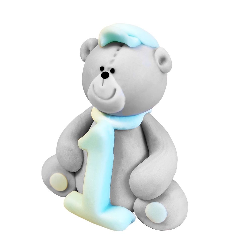 Sugar figure for cake - Dekor Pol - Teddy bear with "1", blue number, 6 cm