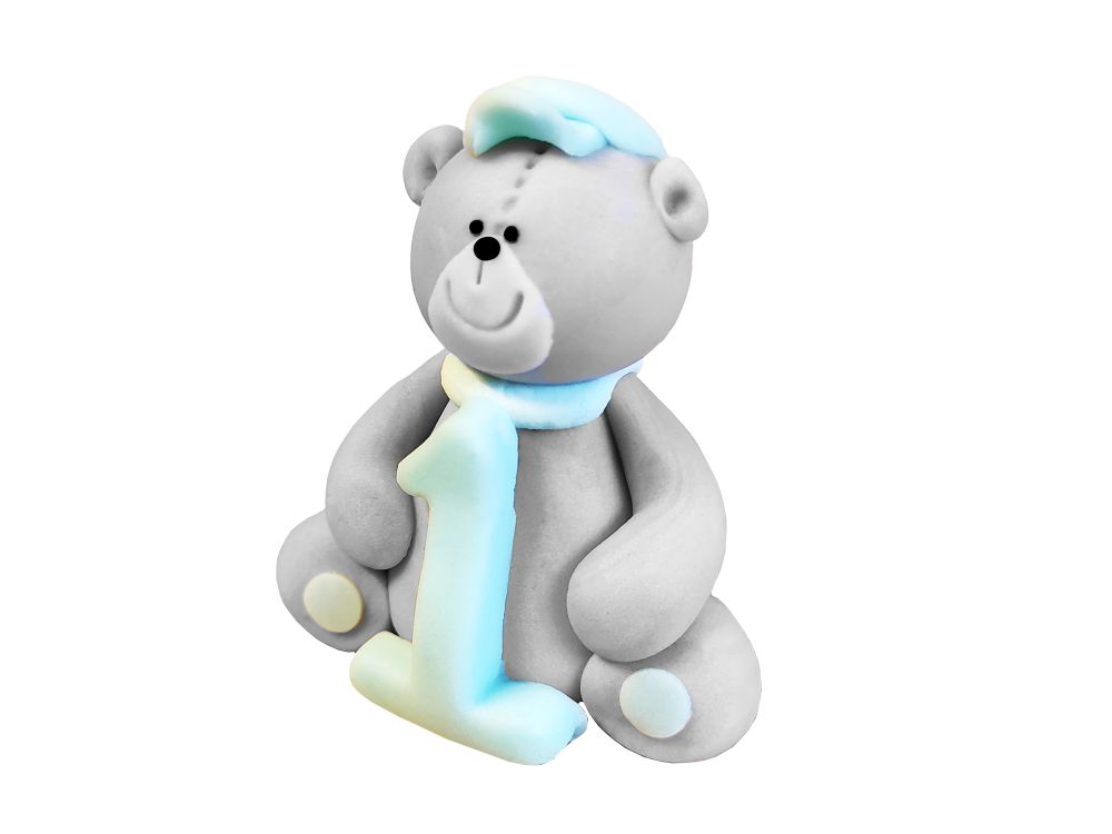 Sugar figure for cake - Dekor Pol - Teddy bear with "1", blue number, 6 cm