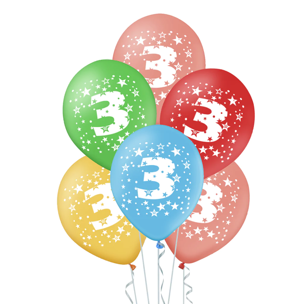 Balony lateksowe urodzinowe - cyfra 3, 30 cm, 5 szt.