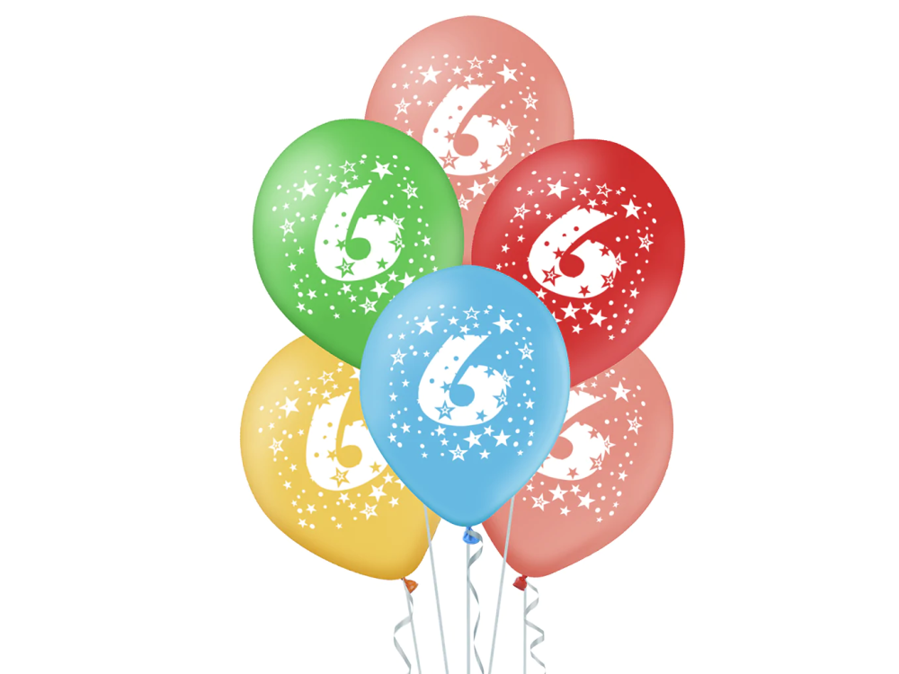 Balony lateksowe urodzinowe - cyfra 6, 30 cm, 5 szt.