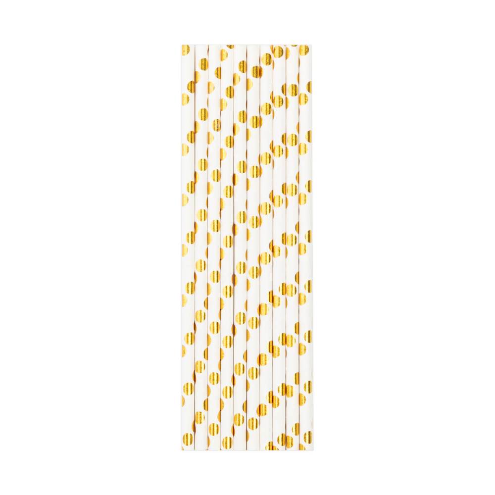 Paper straws - white, golden dots, 19.5 cm, 10 pcs.