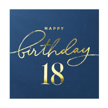 Serwetki urodzinowe - Happy Birthday, cyfra 18, granatowe, 10 szt.