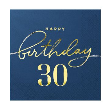 Serwetki urodzinowe - Happy Birthday, cyfra 30, granatowe, 10 szt.