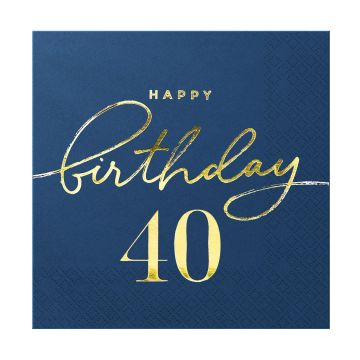 Serwetki urodzinowe - Happy Birthday, cyfra 40, granatowe, 10 szt.